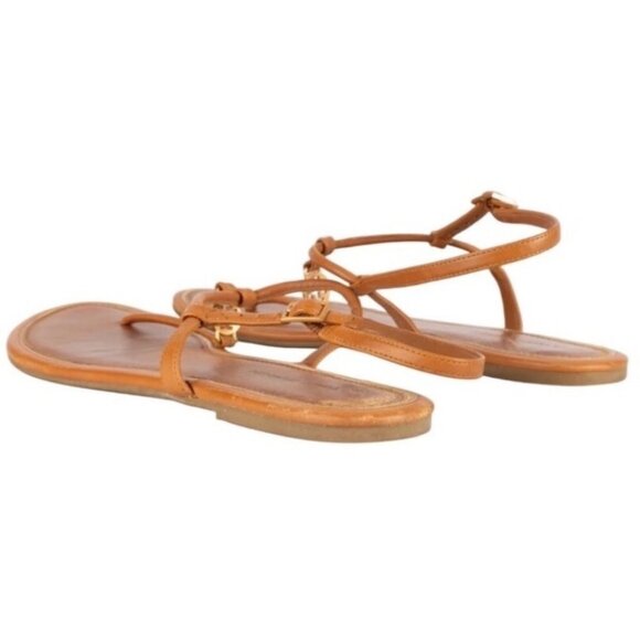 Tory Burch Emma T-Strap Flat Sandals – Brown Leather with Gold Logo – Women’s Si - Picture 4 of 13